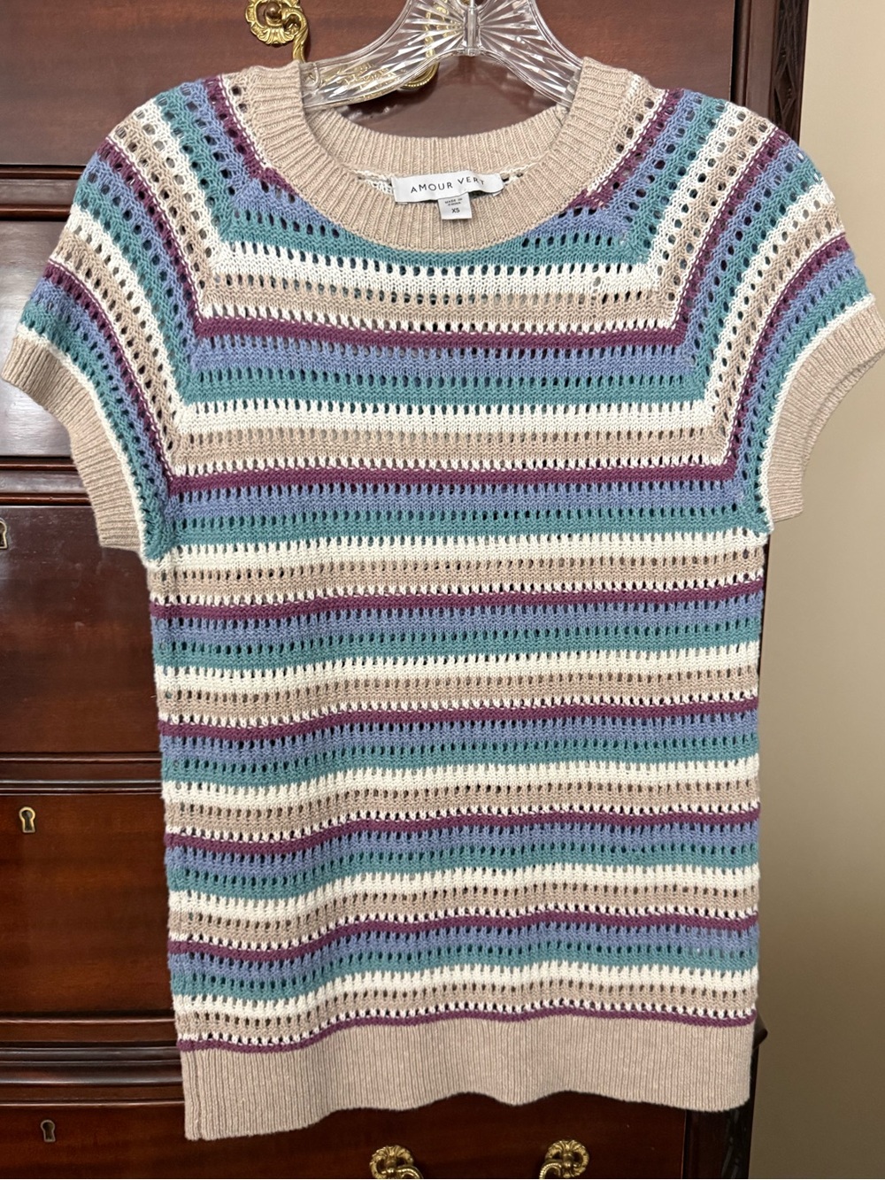 Amour Vert XS Crochet Knit Striped Short Sleeve Sweater Top Cotton Linen Blend